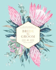Wall Mural - Vintage wedding card with protea and greenery