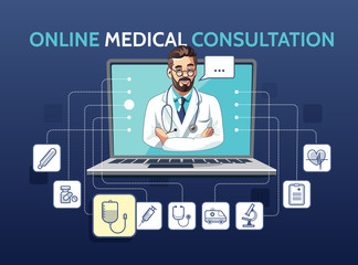 Vector illustration of medical online consultation with doctor using laptop. App concept with icons