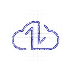 Poster - Data cloud icon. Backup, restore. Upload, download. Up and Down arrows. Linear, thin outline. Hand drawn sketched picture with scribble fill. Blue ink. Doodle on white background