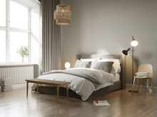 3d Rendering Of A Grey Scandinavian Bedroom With Wooden Stool, Floor Lamp, Rattan Ceiling Lamp And Many Books