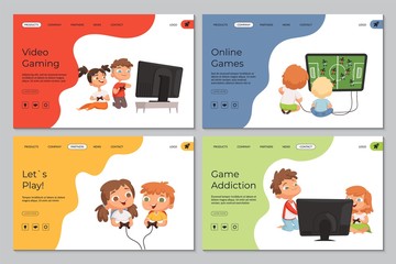 Poster - Gaming landing page. Kids with video games, addiction and playing. Cartoon children vector web banners template. Children friend with joystick play game illustration