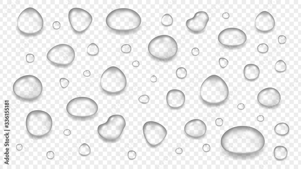 Realistic transparent water drops. Glass sphere, isolated rain elements. Liquid blobs vector illustration. Transparent drop clear, wash bubble freshness, condensation sphere water - obrazy, fototapety, plakaty 