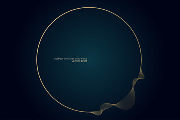 Aufkleber - Circle round frame by gold wavy lines isolated on dark teal gradient background with space for text. Vector design element luxury style for banner, background, border frame