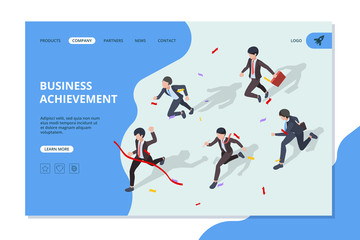 Poster - Business landing. Running business characters corporate office managers and leaders moving to the finish vector web page template. Business leader, people running to goal illustration