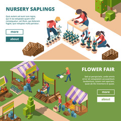 Canvas Print - Local markets isometric. Farmers and gardeners outdoor selling agricultural products milk meal and fruits vegetables vector banners. Organic garden fruit and vegetable market or grocery illuustration