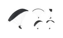 Blank Black Paraglider With Person In Harness Mockup, Different Views
