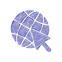 Poster - Globe and arrow icon. Hand drawn sketched picture with scribble fill. Blue ink. Doodle on white background