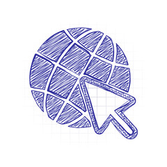 Poster - Globe and arrow icon. Hand drawn sketched picture with scribble fill. Blue ink. Doodle on white background