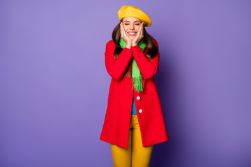 Poster - Portrait of her she nice-looking attractive cheerful cheery straight-haired girl wearing modern garment enjoying time isolated over lilac purple violet pastel color background