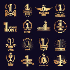 Poster - Number one banners. Victory business achievement award symbols vector labels set. Number one, first prize champion, trophy emblem illustration