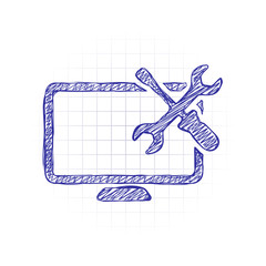Poster - Computer repair service. Hand drawn sketched picture with scribble fill. Blue ink. Doodle on white background