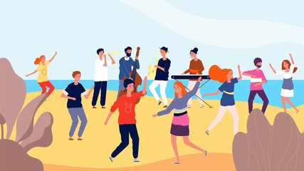 Wall Mural - Beach dance party. Happy crowd of people dancing near ocean. Teens free time and lifestyle. Vacations, travel or tourism vector illustration. Beach party summer, music and dance group