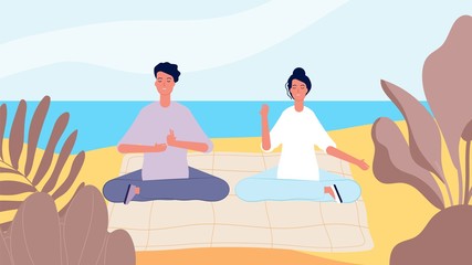 Sticker - Meditation on beach. Man woman morning relax. Mind restart, summer vacation vector illustration. Position relax, female and male outdoor zen