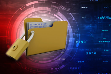 Poster - Yellow folder and lock. Data security concept. 3D rendering