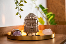 Buddha Head With Crystals. Balance And Calm Energy Flow In Home.