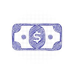 Poster - Dollar banknote. Simple icon. Hand drawn sketched picture with scribble fill. Blue ink. Doodle on white background