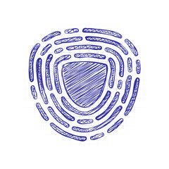 Poster - Shield in fingerprint. Logo of protect private id. Security icon. Hand drawn sketched picture with scribble fill. Blue ink. Doodle on white background