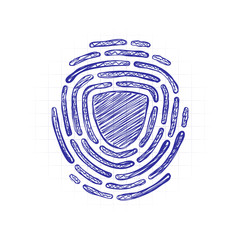 Poster - Shield in fingerprint. Logo of protect private id. Security icon. Hand drawn sketched picture with scribble fill. Blue ink. Doodle on white background