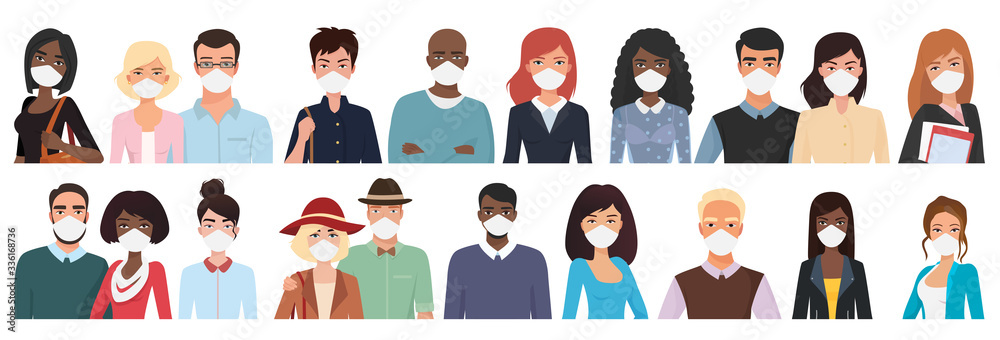 Multiracial different age people in masks cartoon flat vector illustration set. Young, middle, over aged men, women with masks, visible upper body part and faces, in two rows, looks straight to viewer - obrazy, fototapety, plakaty 