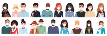 Multiracial Different Age People In Masks Cartoon Flat Vector Illustration Set. Young, Middle, Over Aged Men, Women With Masks, Visible Upper Body Part And Faces, In Two Rows, Looks Straight To Viewer