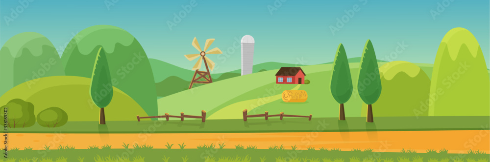 Cute rural landscape panorama with farm cartoon flat vector illustratio. Panoramic view of green fields, hills, trees, haystack, dirt road, wood hedge in front, windmill, house, grain elevator - obrazy, fototapety, plakaty 