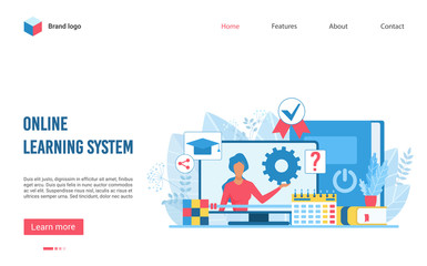Online learning educational system flat vector illustration landing page, web page. Teacher on screen with video-lesson, time-table. Complex content, tasks, resources as e-library, reference books
