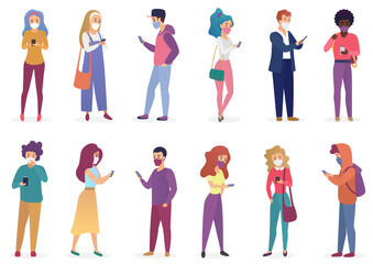 pretty people in masks with smartphones character cartoon flat vector illustration quarantine set is