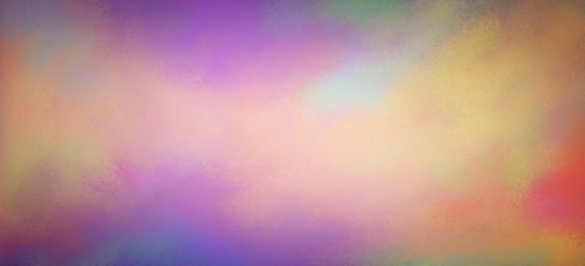 Abstract colorful sunrise or sunset background in digital art illustration with soft blurred glowing gold on purple pink blue green yellow orange and violet color clouds in pretty sky painting