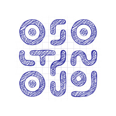 Poster - QR code. Technology icon. Simple logo. Hand drawn sketched picture with scribble fill. Blue ink. Doodle on white background