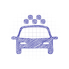 Poster - Taxi cab or car. Simple icon. Hand drawn sketched picture with scribble fill. Blue ink. Doodle on white background