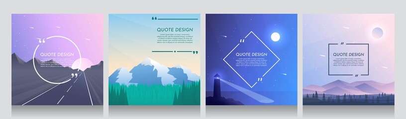 Minimalist vector backgrounds set of 4 landscapes. Social media, blog post templates. Highway in wilderness, forest and mountains, night scene near sea with lighthouse, misty woods and hills