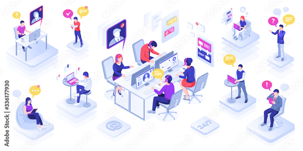 Call center with people or customer support centre, technical call line and feedback service. Office with man and woman in headset. Phone assistance banner design. Person with speech bubble - obrazy, fototapety, plakaty 