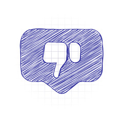 Poster - Dislike hand in notification cloud. Social icon. Hand drawn sketched picture with scribble fill. Blue ink. Doodle on white background