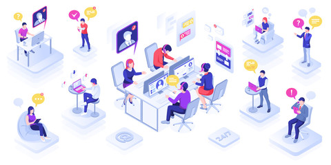 Poster - Call center with people or customer support centre, technical call line and feedback service. Office with man and woman in headset. Phone assistance banner design. Person with speech bubble