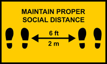 Warning Sign Reminding People To Keep A Minimum Distance Of Six Feet Or Two Meters Between Them.  Social Distance Public Health Measures To Prevent Further Spread Of Covid-19 Infections.