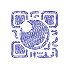 Poster - QR scanner, Scan by mobile camera, logo for app, icon with qrcode and lens. Hand drawn sketched picture with scribble fill. Blue ink. Doodle on white background