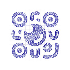 Poster - QR scanner, Scan by mobile camera, logo for app, icon with qrcode and lens. Hand drawn sketched picture with scribble fill. Blue ink. Doodle on white background