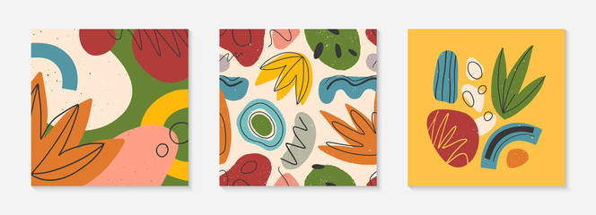 Wall Mural - set of creative universal cards and pattern.modern vector illustrations with hand drawn organic shap
