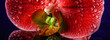 Panoramic view of a red orchid with dew