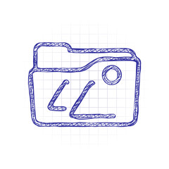 Poster - Folder of pictures or photos, gallery, outline linear icon. Hand drawn sketched picture with scribble fill. Blue ink. Doodle on white background