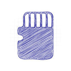 Poster - Memory card, micro sd, technology icon. Hand drawn sketched picture with scribble fill. Blue ink. Doodle on white background