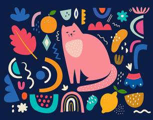 Wall Mural - Cute spring pattern collection with cat. Decorative abstract horizontal banner with colorful doodles. Hand-drawn modern illustrations with cats, flowers, abstract elements. Abstract series