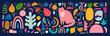 © moleskostudio - Cute spring pattern collection with cat. Decorative abstract horizontal banner with colorful doodles. Hand-drawn modern illustrations with cats, flowers, abstract elements. Abstract series