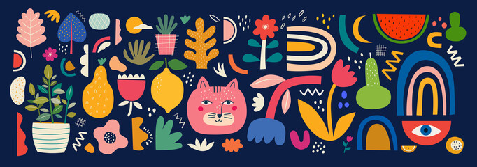 Canvas Print - Cute spring pattern collection with cat. Decorative abstract horizontal banner with colorful doodles. Hand-drawn modern illustrations with cats, flowers, abstract elements. Abstract series