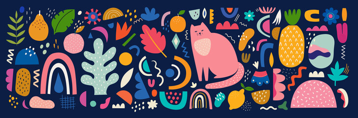 Cute spring pattern collection with cat. Decorative abstract horizontal banner with colorful doodles. Hand-drawn modern illustrations with cats, flowers, abstract elements. Abstract series