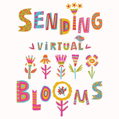 Wall Mural - Virtual flower bouquet corona virus motivation card. Social media covid 19 infographic. Stay positive floral together note. Pandemic support message. Online birthday, thinking of you thank yousticker