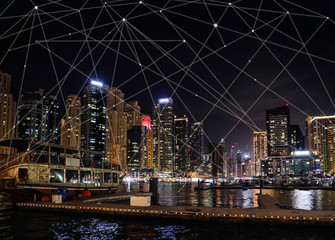 Night cityscape and network connection lines. Cloud technology