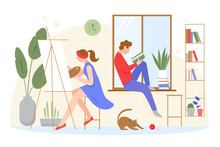 Young Family Stay At Home Flat Concept Vector Illustration. Wife Draws Picture, Husband Reads Book At Window. Quarantine Or Self-isolation, Global Viral Epidemic Or Pandemic.