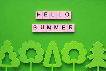 Wall Mural - Hello summer words wooden cubes on a green background