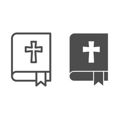 Poster - Bible line and solid icon. Book with the cross and bookmark outline style pictogram on white background. Religion signs for mobile concept and web design. Vector graphics.